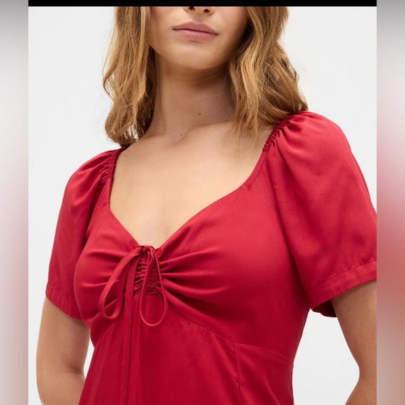 Gap Red Puff Sleeve Midi Dress with Front Tie & Side Slit: Size M - Picture 4 of 9
